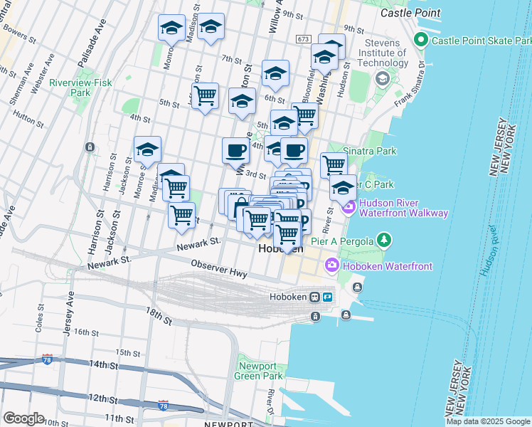 map of restaurants, bars, coffee shops, grocery stores, and more near in Hoboken