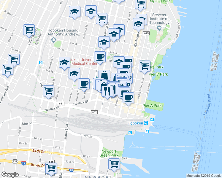 map of restaurants, bars, coffee shops, grocery stores, and more near in Hoboken
