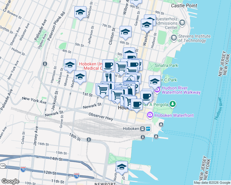 map of restaurants, bars, coffee shops, grocery stores, and more near in Hoboken