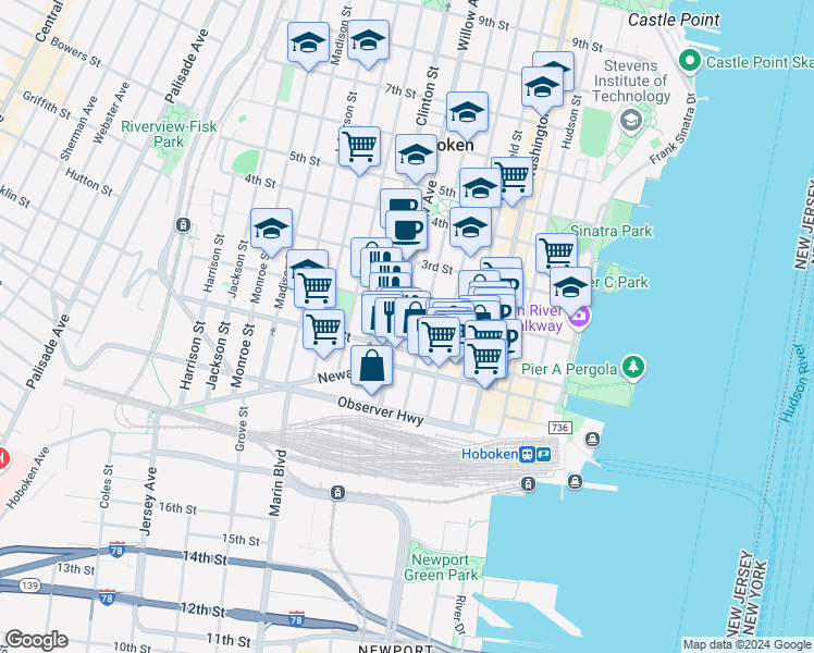 map of restaurants, bars, coffee shops, grocery stores, and more near 109 Willow Avenue in Hoboken