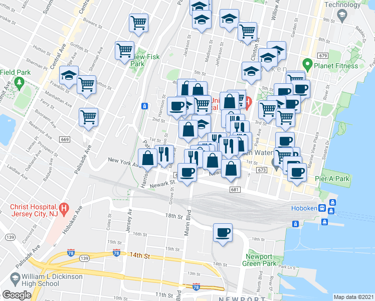 map of restaurants, bars, coffee shops, grocery stores, and more near 92 Jefferson Street in Hoboken