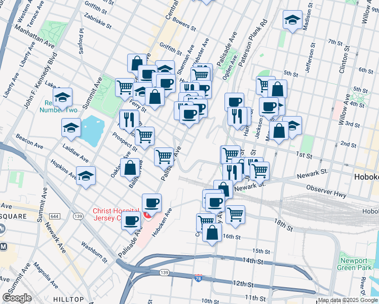 map of restaurants, bars, coffee shops, grocery stores, and more near 120 Ogden Avenue in Jersey City