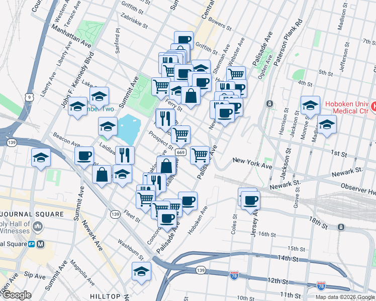 map of restaurants, bars, coffee shops, grocery stores, and more near in Jersey City