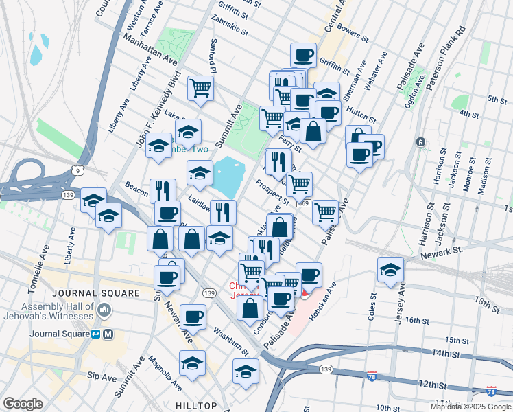 map of restaurants, bars, coffee shops, grocery stores, and more near 107 Waverly Street in Jersey City