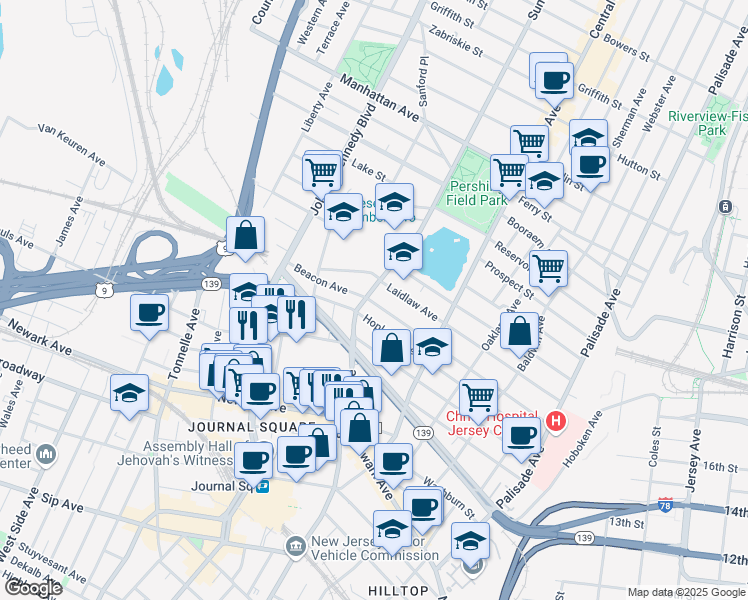 map of restaurants, bars, coffee shops, grocery stores, and more near in Jersey City