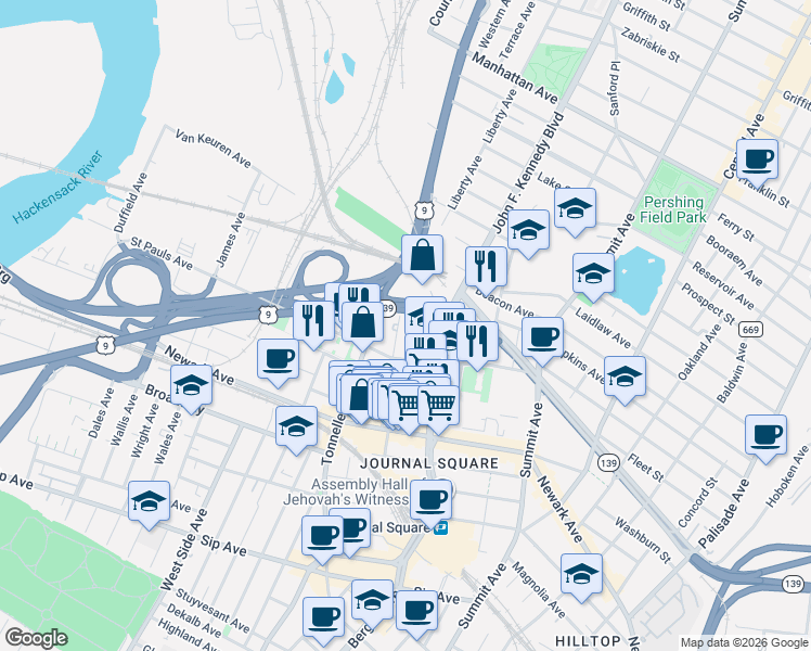 map of restaurants, bars, coffee shops, grocery stores, and more near 76 Liberty Avenue in Jersey City