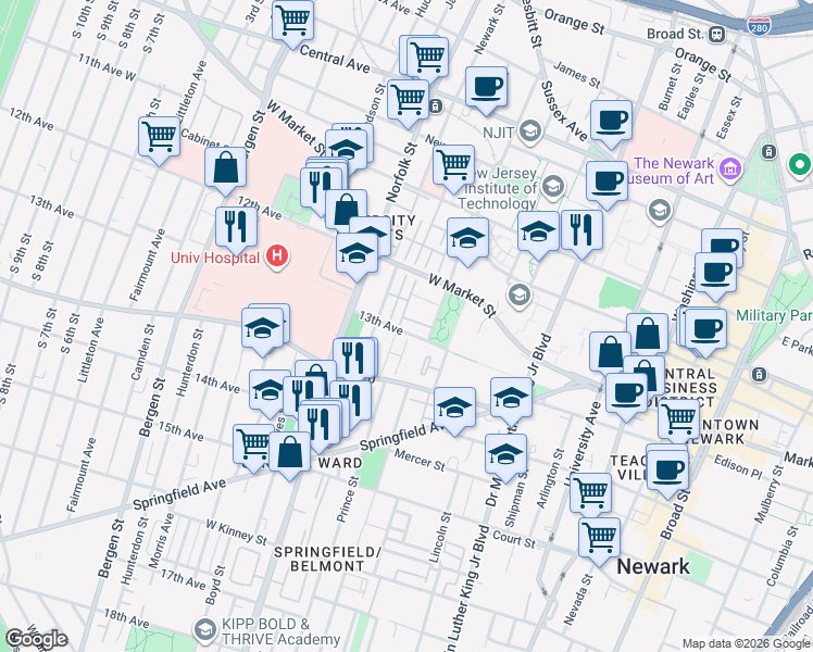 map of restaurants, bars, coffee shops, grocery stores, and more near 107 13th Avenue in Newark