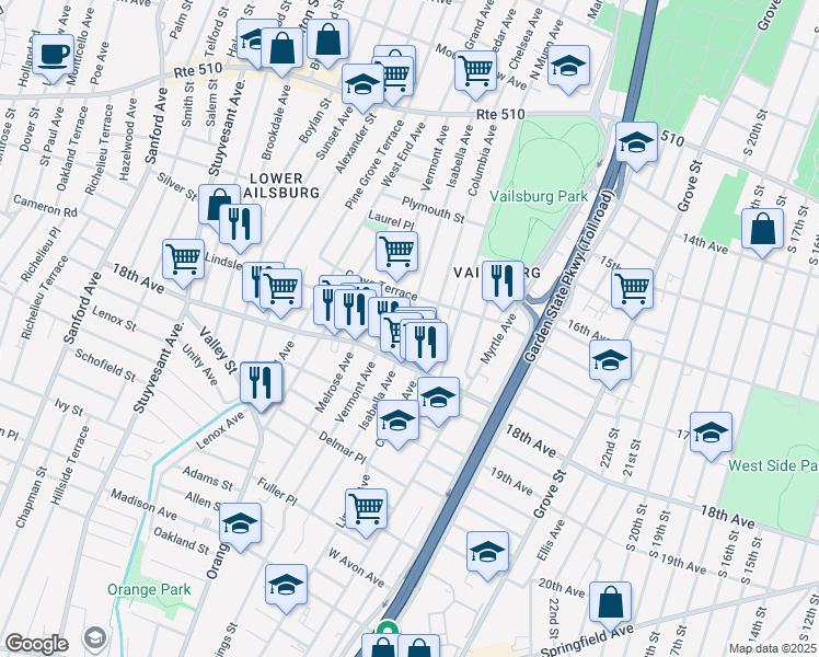 map of restaurants, bars, coffee shops, grocery stores, and more near 193 Columbia Avenue in Irvington