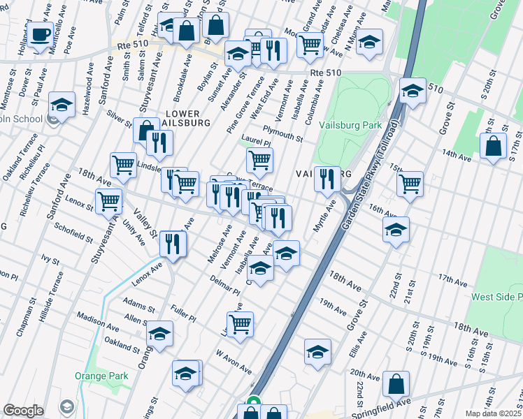 map of restaurants, bars, coffee shops, grocery stores, and more near 192 Vermont Avenue in Irvington