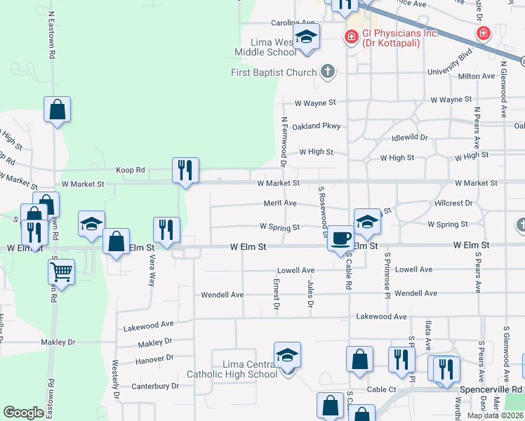 map of restaurants, bars, coffee shops, grocery stores, and more near 2408 W Spring St in Lima