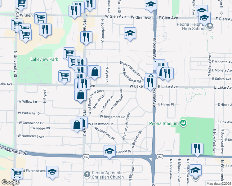 map of restaurants, bars, coffee shops, grocery stores, and more near 4207 North Hollyridge Circle in Peoria