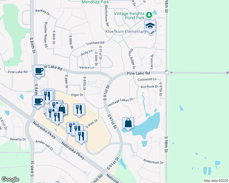 map of restaurants, bars, coffee shops, grocery stores, and more near 7150 South 91st Street in Lincoln