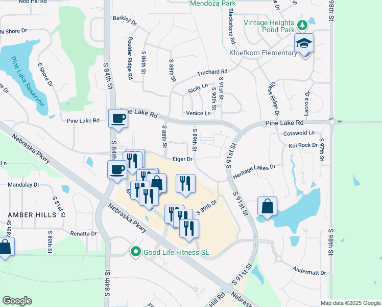 map of restaurants, bars, coffee shops, grocery stores, and more near 7210 South 89th Street in Lincoln