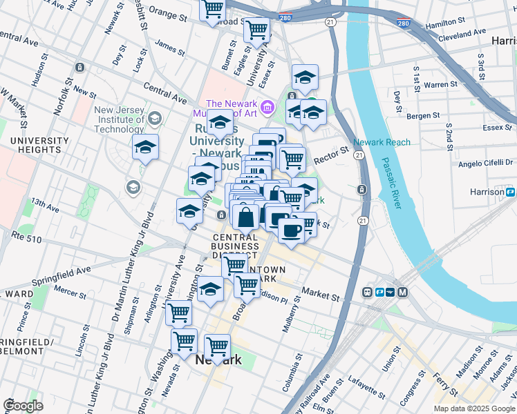 map of restaurants, bars, coffee shops, grocery stores, and more near 29 Cedar Street in Newark
