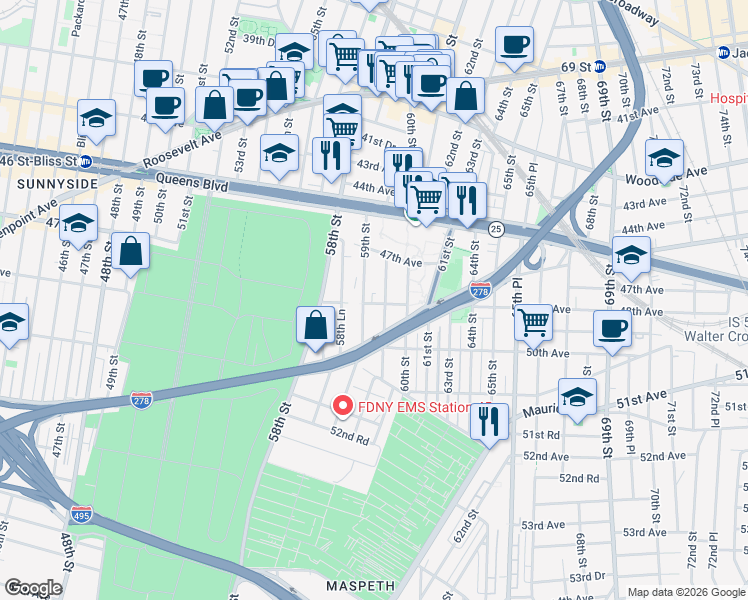 map of restaurants, bars, coffee shops, grocery stores, and more near 4802 59th Street in Queens