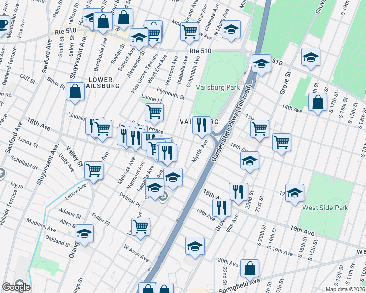 map of restaurants, bars, coffee shops, grocery stores, and more near 190 Munn Avenue in Irvington