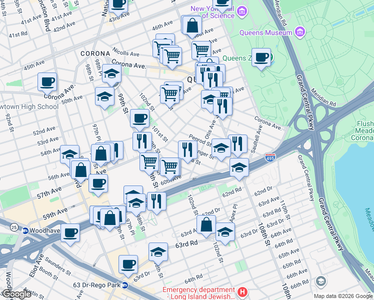 map of restaurants, bars, coffee shops, grocery stores, and more near 57-39 Xenia Street in Queens