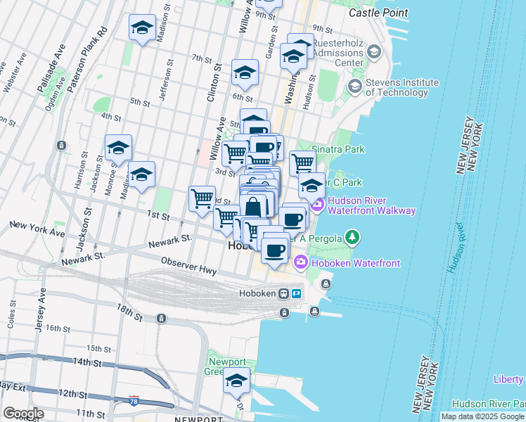 map of restaurants, bars, coffee shops, grocery stores, and more near Washington St & 2nd St in Hoboken
