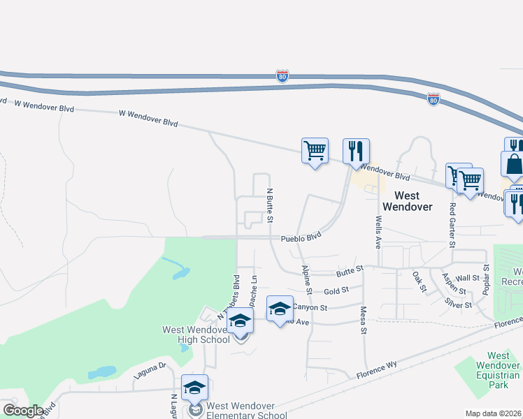 map of restaurants, bars, coffee shops, grocery stores, and more near 2067 Blue Grass Circle in West Wendover