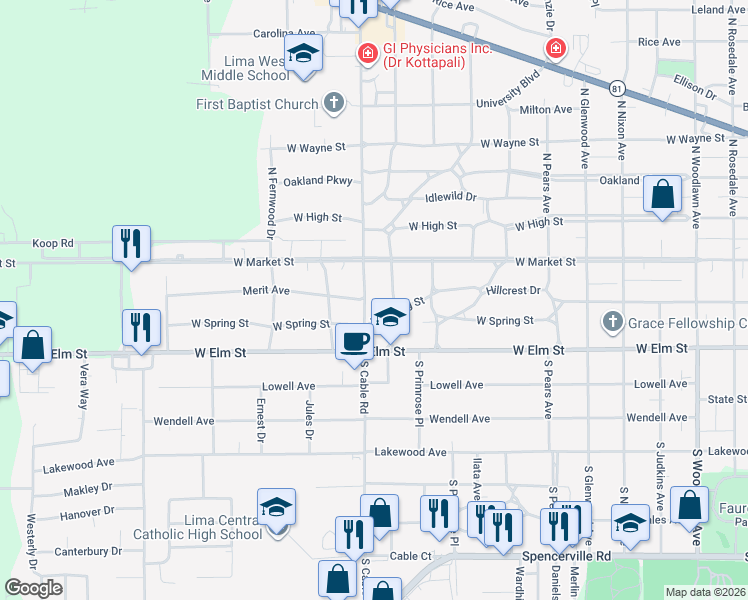 map of restaurants, bars, coffee shops, grocery stores, and more near 2109 Merit Avenue in Lima