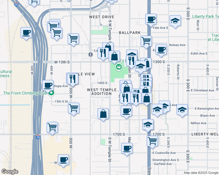 map of restaurants, bars, coffee shops, grocery stores, and more near 1418 South West Temple in Salt Lake City