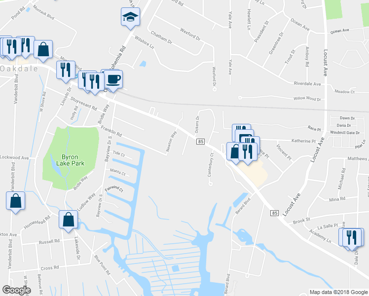map of restaurants, bars, coffee shops, grocery stores, and more near 7 East Shore Road in Oakdale