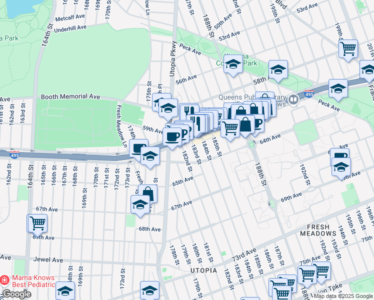 map of restaurants, bars, coffee shops, grocery stores, and more near 61-28 183rd Street in Queens