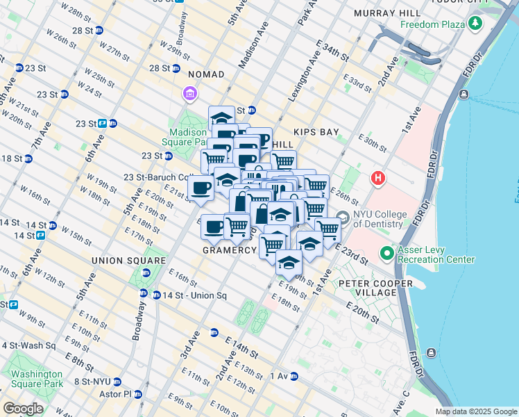 map of restaurants, bars, coffee shops, grocery stores, and more near 161 East 23rd Street in New York
