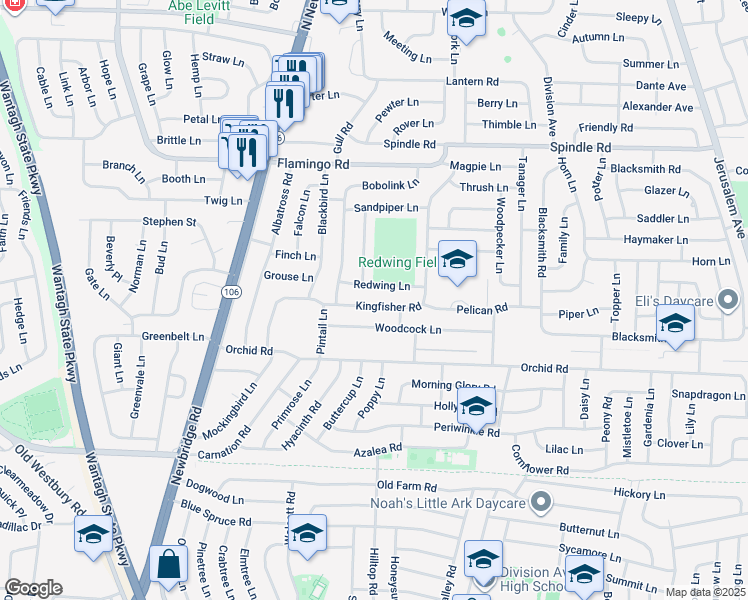 map of restaurants, bars, coffee shops, grocery stores, and more near 103 Kingfisher Road in Levittown