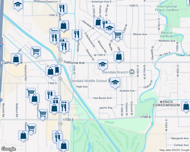 map of restaurants, bars, coffee shops, grocery stores, and more near 1465 Anthony Circle in Salt Lake City