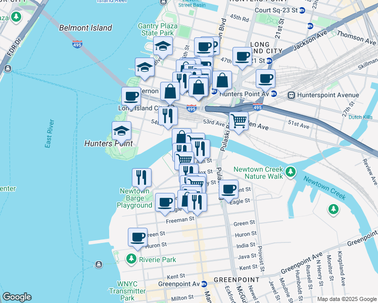 map of restaurants, bars, coffee shops, grocery stores, and more near 1205 Manhattan Avenue in Brooklyn