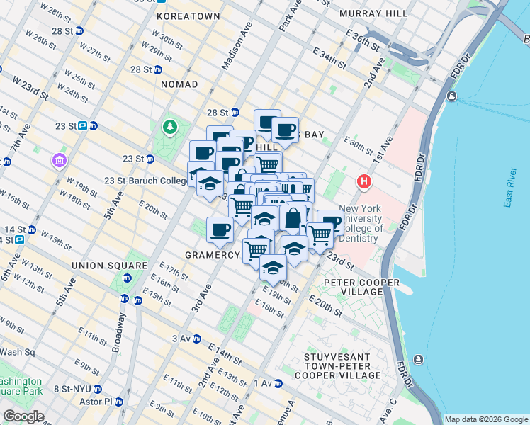map of restaurants, bars, coffee shops, grocery stores, and more near 209 East 23rd Street in New York