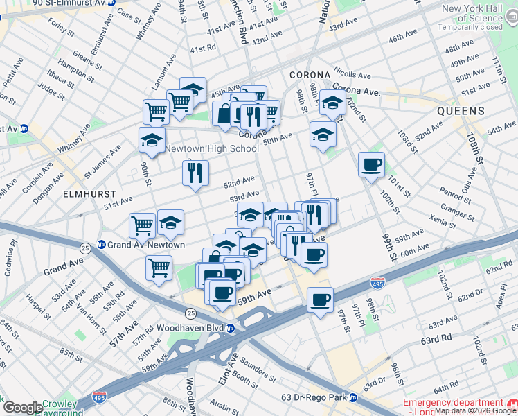 map of restaurants, bars, coffee shops, grocery stores, and more near 94-24 54th Avenue in Queens