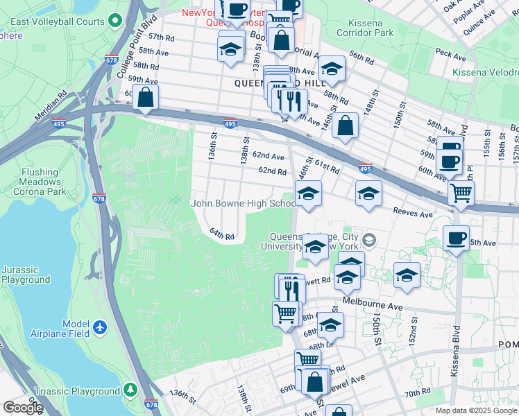 map of restaurants, bars, coffee shops, grocery stores, and more near 138-36 64th Avenue in Queens