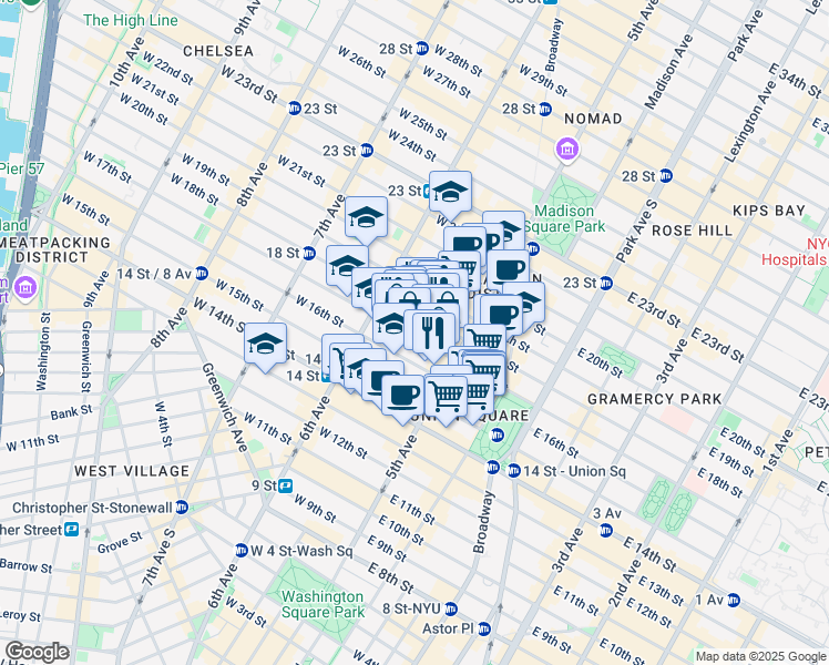 map of restaurants, bars, coffee shops, grocery stores, and more near 31 West 17th Street in New York