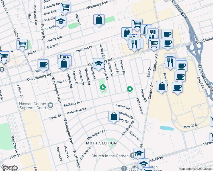 map of restaurants, bars, coffee shops, grocery stores, and more near 38 Maxwell Road in Garden City
