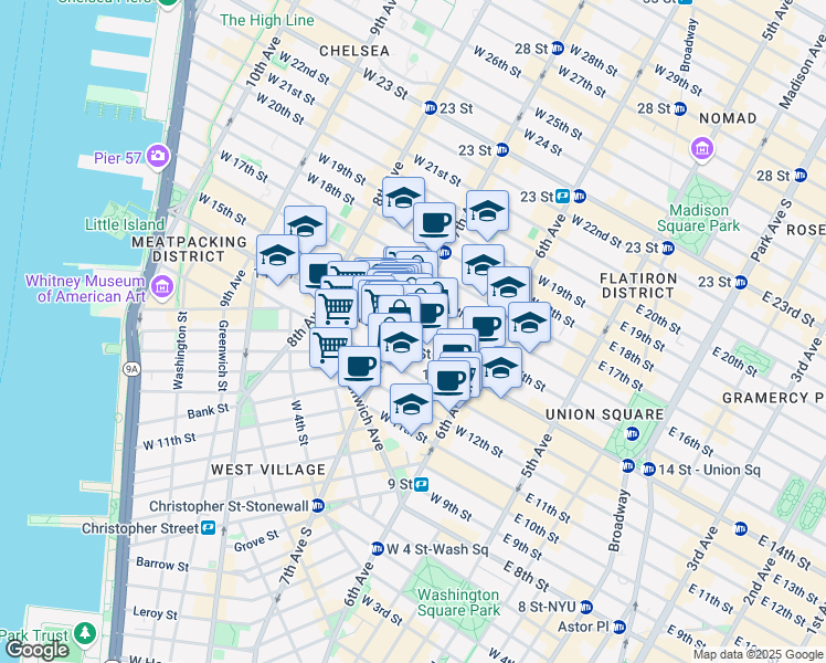 map of restaurants, bars, coffee shops, grocery stores, and more near 72-76 7th Avenue in New York