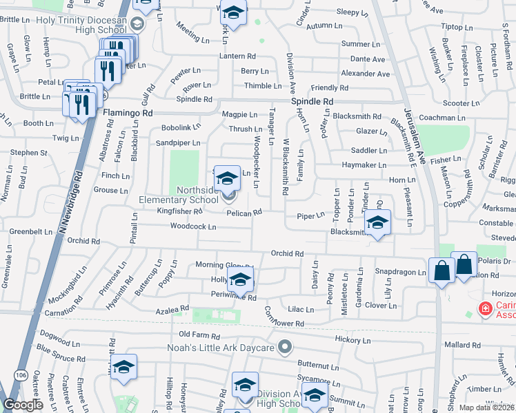 map of restaurants, bars, coffee shops, grocery stores, and more near 45 Pelican Road in Levittown