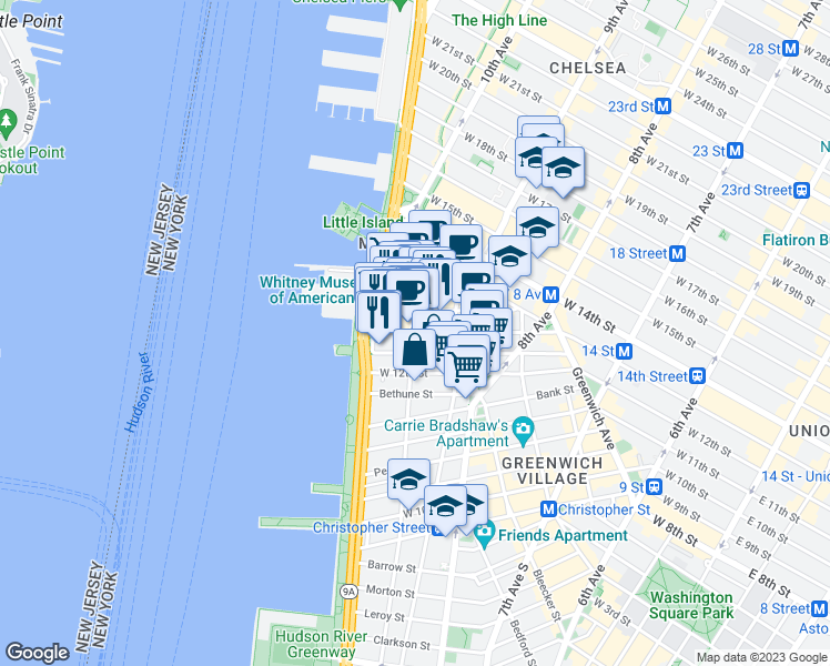 map of restaurants, bars, coffee shops, grocery stores, and more near in New York