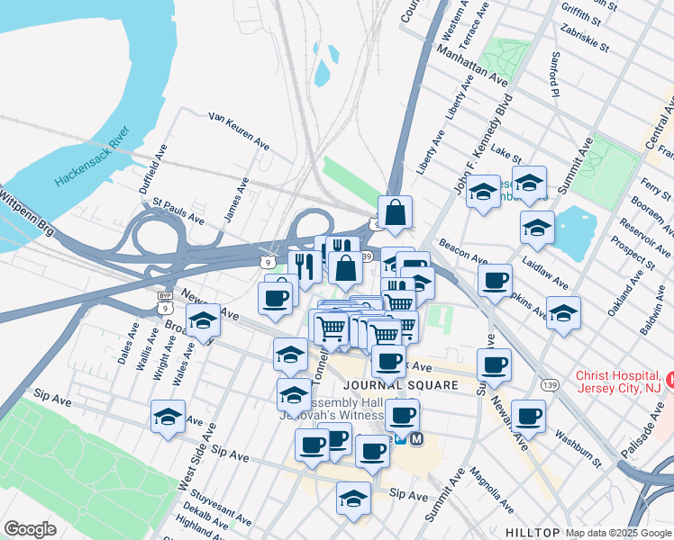 map of restaurants, bars, coffee shops, grocery stores, and more near 225 Tonnelle Avenue in Jersey City