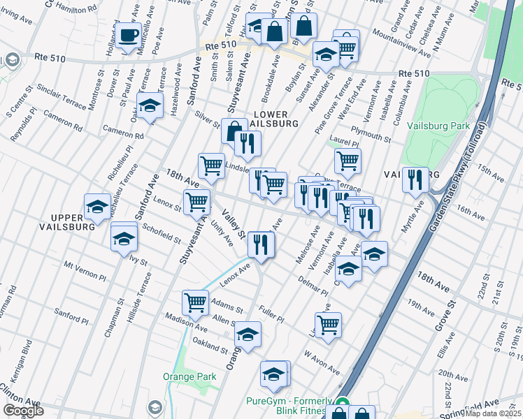 map of restaurants, bars, coffee shops, grocery stores, and more near 212 Alexander Street in Newark