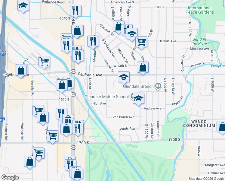 map of restaurants, bars, coffee shops, grocery stores, and more near 1465 Anthony Circle in Salt Lake City