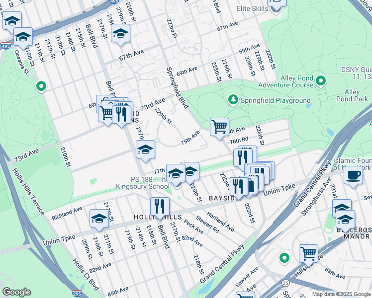 map of restaurants, bars, coffee shops, grocery stores, and more near 220-16 75th Avenue in Queens