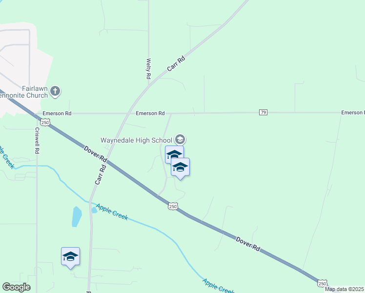 map of restaurants, bars, coffee shops, grocery stores, and more near 9052 Dover Road in Apple Creek