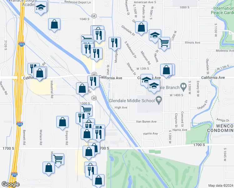 map of restaurants, bars, coffee shops, grocery stores, and more near 1411 Utah Street in Salt Lake City