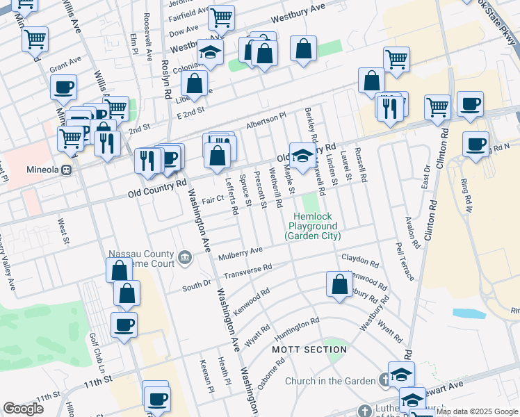map of restaurants, bars, coffee shops, grocery stores, and more near 19 Spruce Street in Garden City