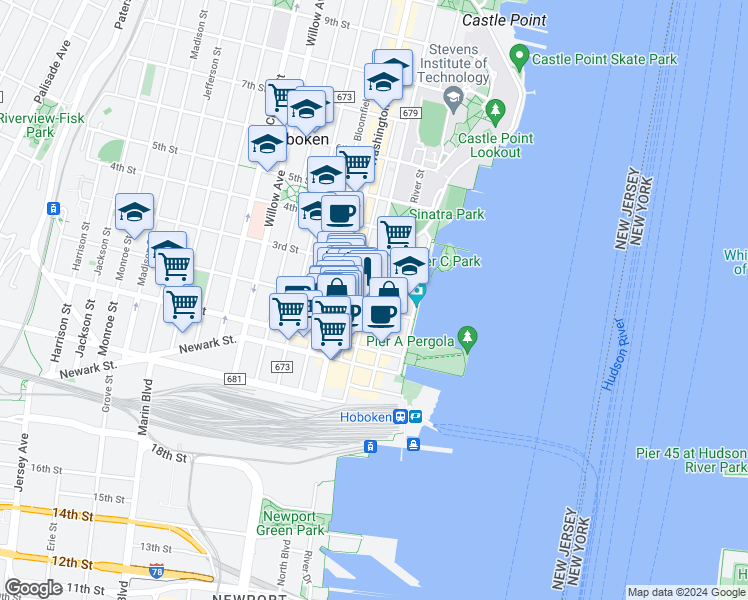 map of restaurants, bars, coffee shops, grocery stores, and more near 205 Hudson Street in Hoboken