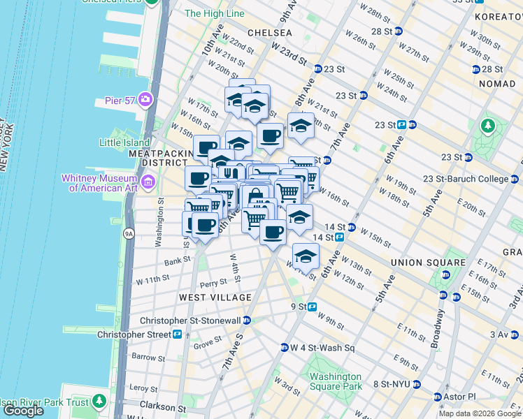 map of restaurants, bars, coffee shops, grocery stores, and more near 241 West 13th Street in New York
