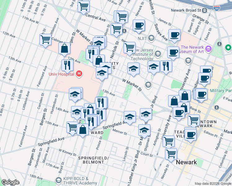 map of restaurants, bars, coffee shops, grocery stores, and more near 107 13th Avenue in Newark