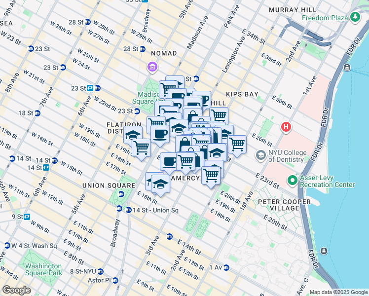 map of restaurants, bars, coffee shops, grocery stores, and more near 133 East 22nd Street in New York